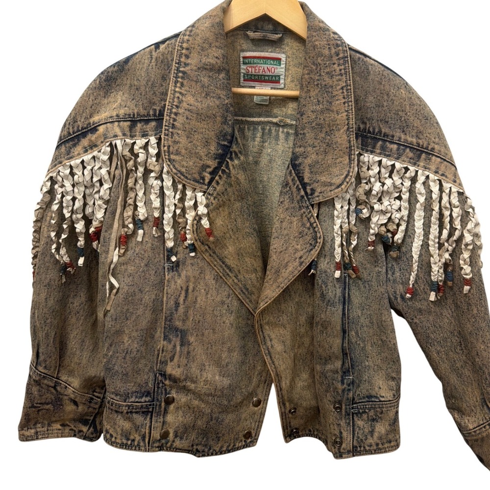 Vtg 80s Stefano International Western Acid Wash Denim Jacket Leather Fringe L